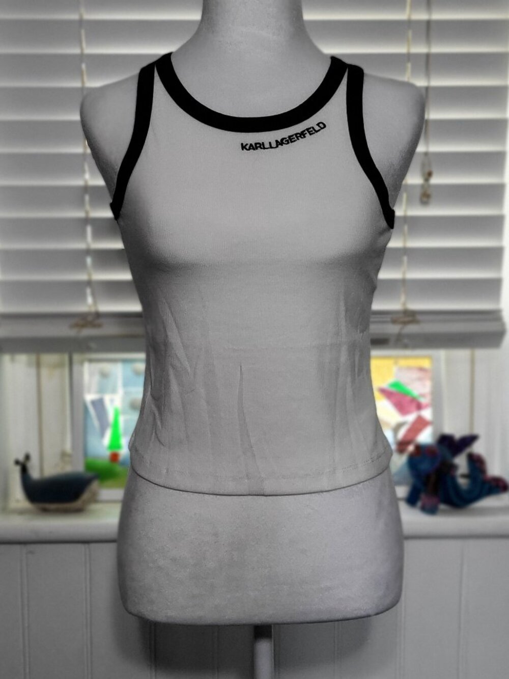 ✨Karl Lagerfeld Paris | Ribbed Racer Tank Top Contrast Trim White Black✨